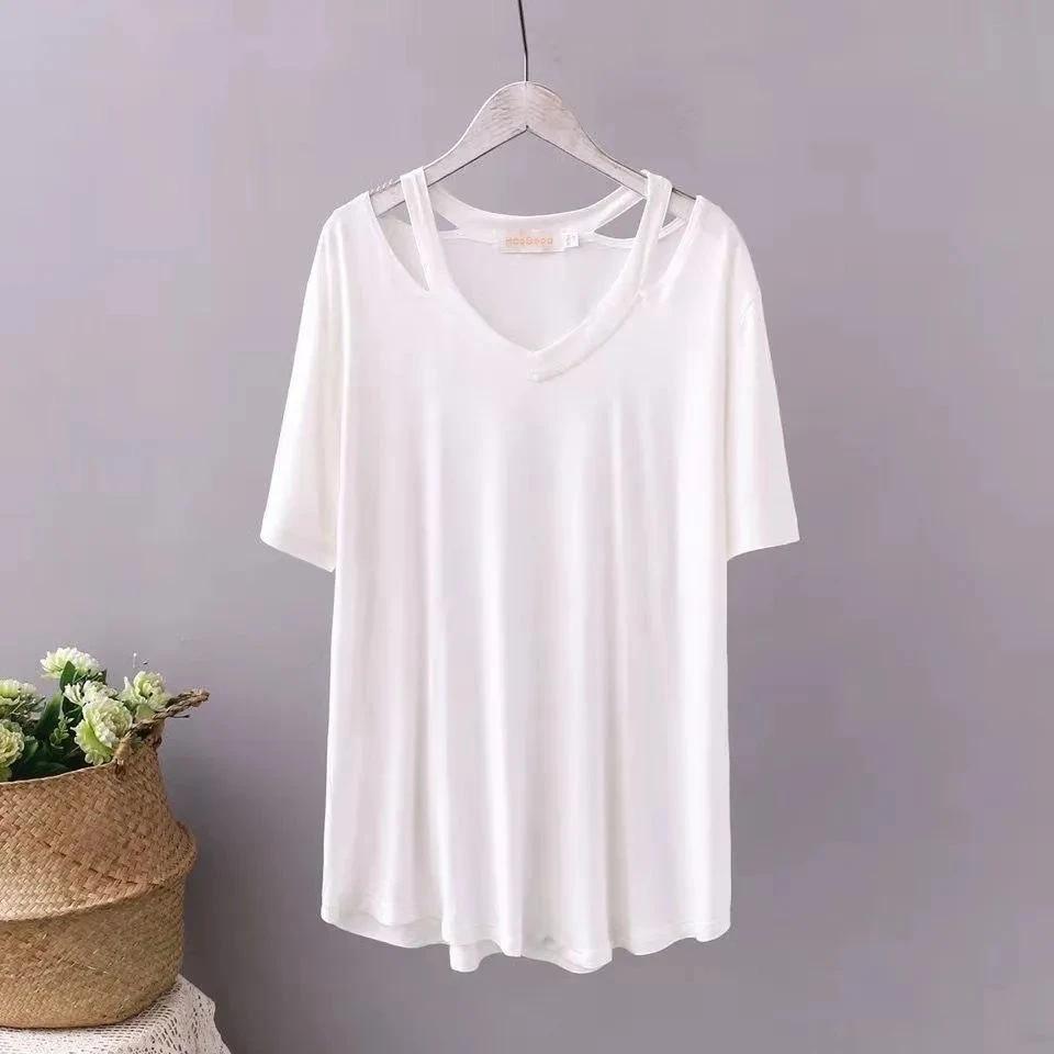 T-shirt Women Casual Large Size Loose V Neck Solid Color Pullover Short-sleeved Tops