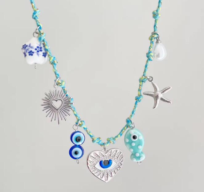 Summer Sea Breeze Starfish & Seashell Heart Pendant Rope Necklace