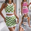 Spring Summer Color-blocking Checkered Crop Top, Hip-hugging Skirt, Knitted Suit Women's Wear
