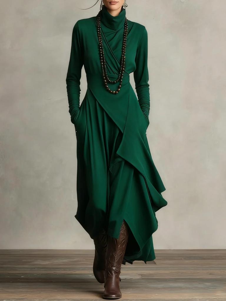Oversized Long Sleeve Cross Neckline Solid Color Dress for Women Autumn Fall