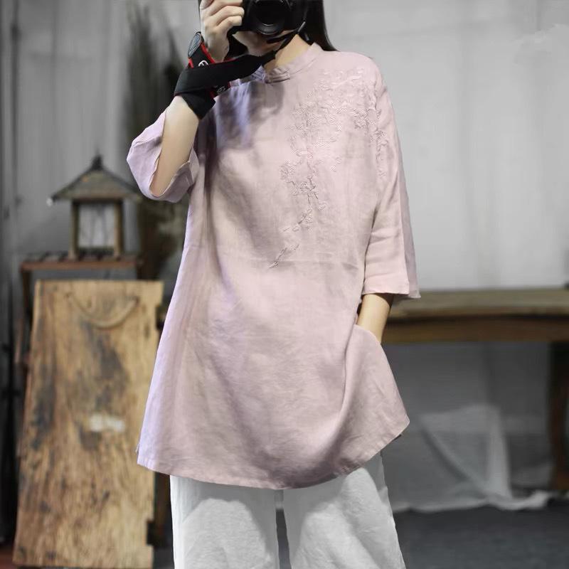 Chinese Style Embroidered Cotton Linen Mandarin Collar Shirt Dress For Women Summer XL