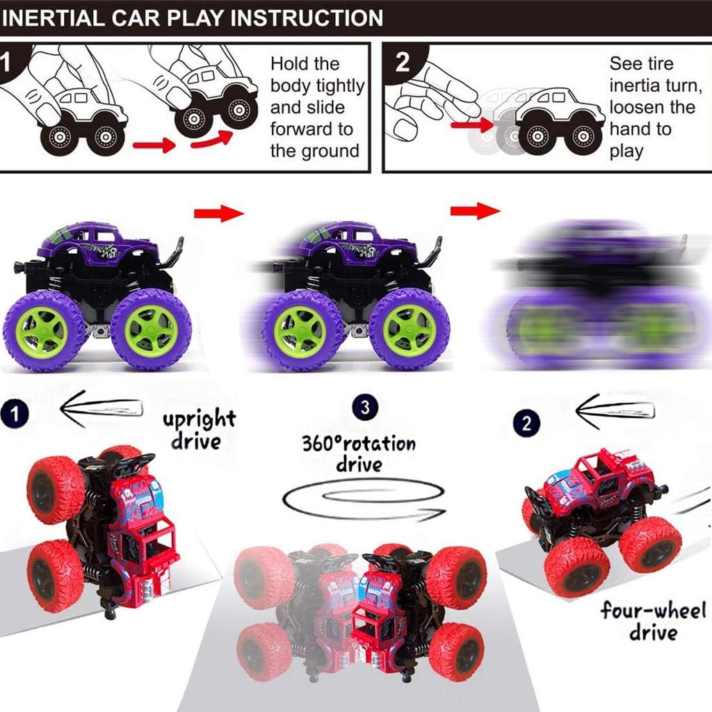 Monster Trucks for Boys, 4 Pack Pull Back Vehicles Cars for Toddlers, 360° Rotation 4 Wheels Drive Durable Friction Cars Powered Push and Go Toys