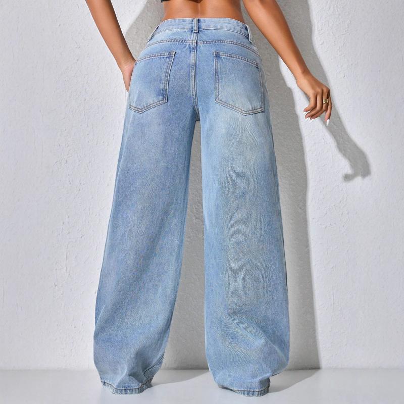 Nuovi Jeans Lavati da Donna con Strass, Taglie Forti Vita Bassa Larghi Bottoni Dritti Pantaloni in Denim