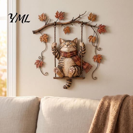 Autumn Theme Door Decorations Cat Metal Wall Decor, Fall Tin Sign Plaque, Swing Decorative Crafts for Home Art Decoration Thanksgiving Harvest