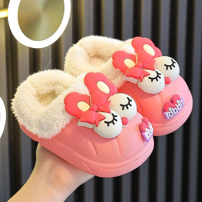 Detachable Girls' Cotton Slippers Children's Boys' Baby Autumn and Winter Fleece-Lined Warm Non-Slip Waterproof Princess Fur Slippers