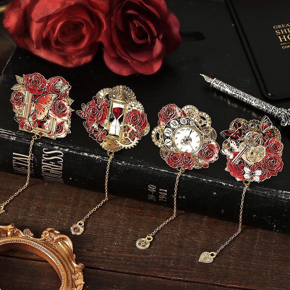 1PC Creative Rose Clock Theme Reading Mark Bookclip Metal Bookmark Reading Enthusiast Office Plan Student Supplies