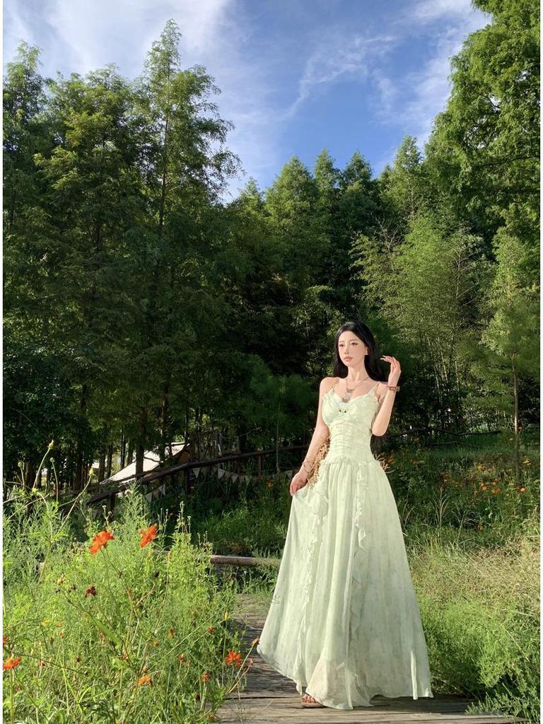 Women's Mint Green Floral French-Style Suspender Dress with Ruffle Waist