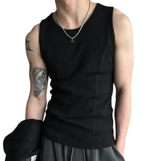 

Men Ribbed Tank Top Summer Sleeveless T-Shirt Solid Color Workout Tank Top for Gym Outdoor Sports Street Beach M чёрный