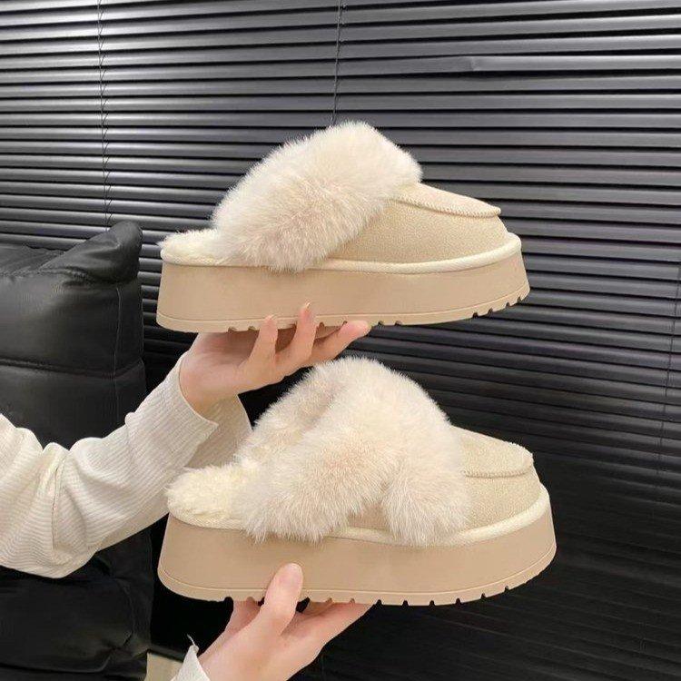 2025 new snow boots women's winter fur integrated wool mouth velvet thick bottom warm outer wear bag head half slippers