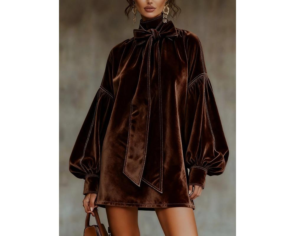 Damska jesienno-zimowa welurowa krótka sukienka z długim rękawem i kokardą