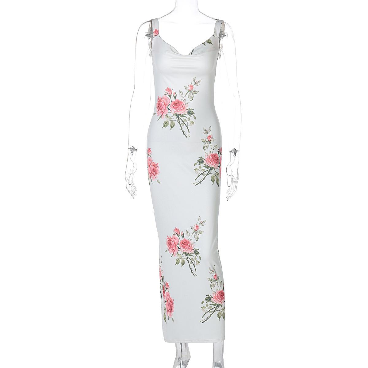 Europe, America 2026 summer new women s clothing vacation style temperament printed long dress sexy backless slim dress wholesale S белый