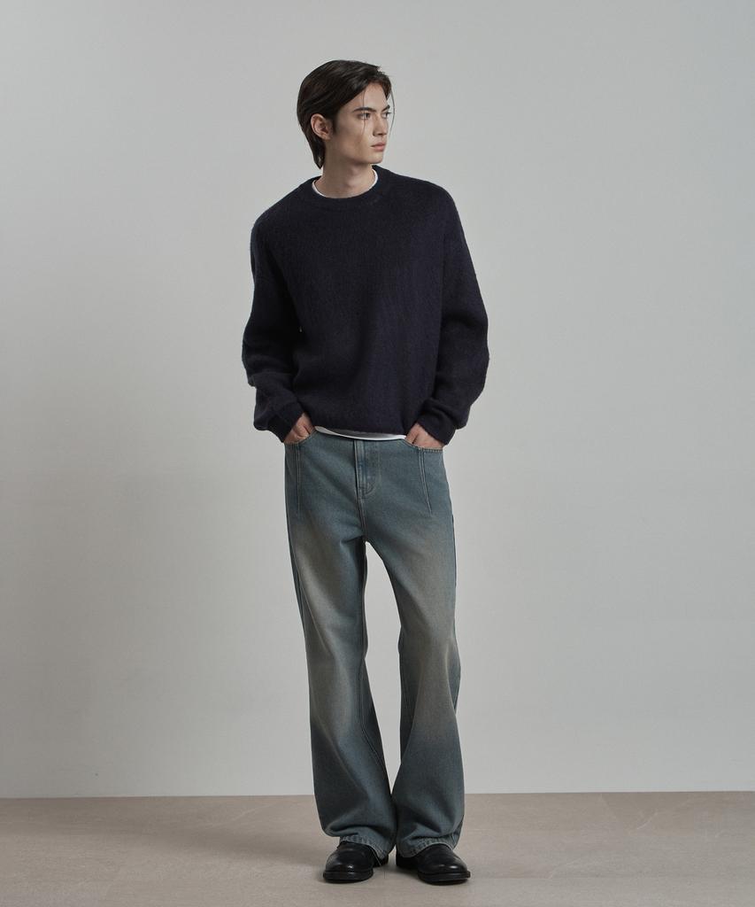 WORK ON BODY OFF Lanugo Semi-Overfit Brushed Round Neck Knit [Navy]