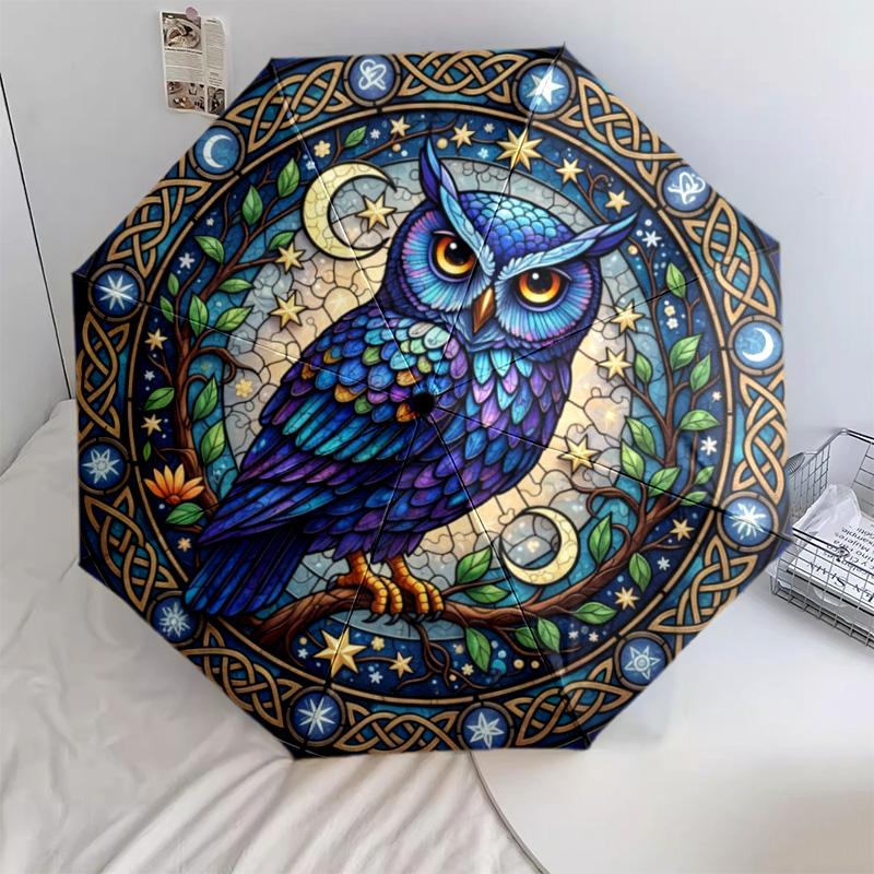 Flower Owl pattern, automatic folding umbrella, portable and foldable design, 8 ribs, a Christmas or birthday gift.