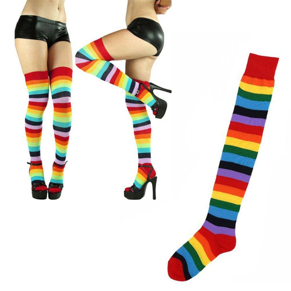 Girl Polyester Cotton Long Stockings Rainbow Colorful Stockings High Tights Women Stripey Stockings