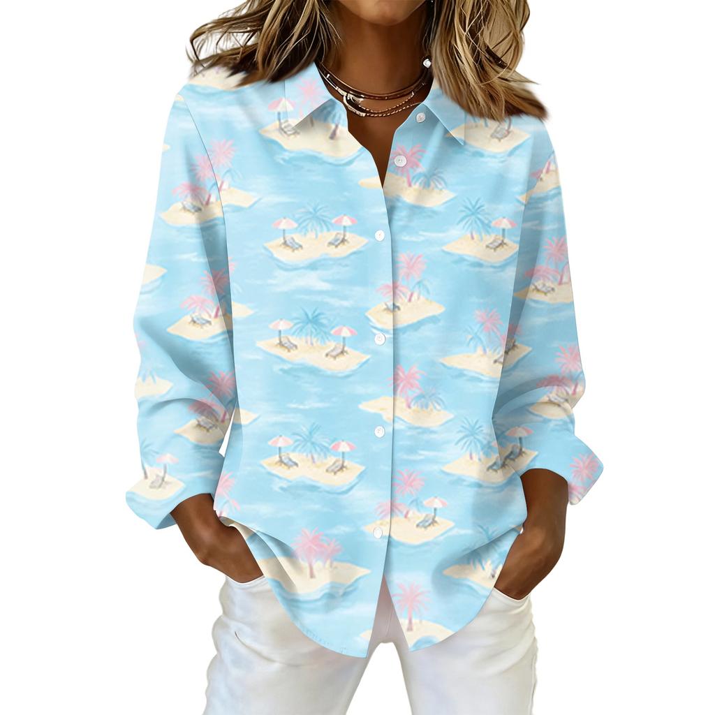 Women's Shirt Hawaii Print Button Up Long Sleeved Casual Regular Shirt With Collar Top