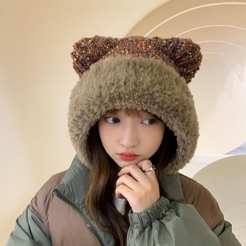 

Шапка вязаная шерстяная с медвежьими ушками детская зимняя для лица маленькая плюшевая милая теплая для большой головы с защитой ушей One Size