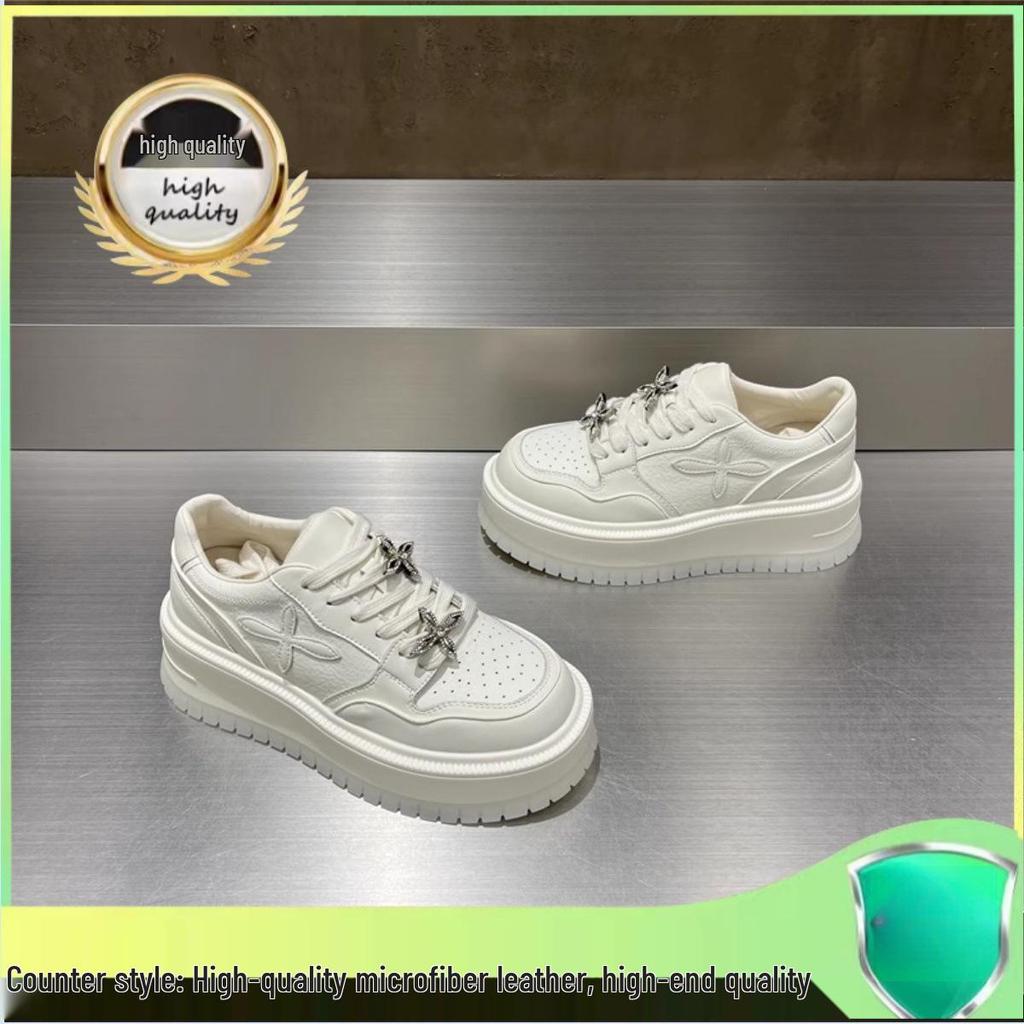 Women's Rhinestone Platform White Sneakers - Thick-Soled, Versatile Height-Increasing, Round-Toe Casual Shoes for Spring 2025.