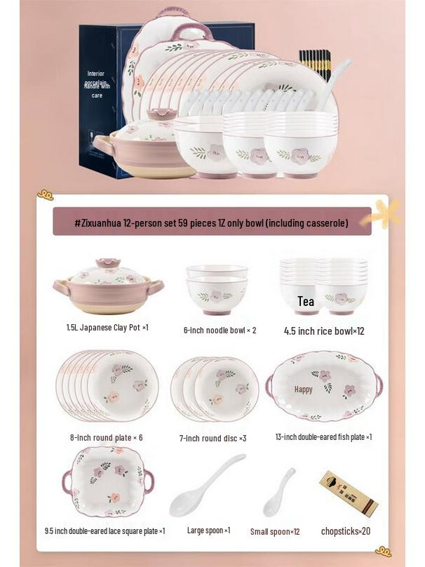 Kangmo Purple Daylily Japanese Ceramic 59-Piece Dinnerware Set