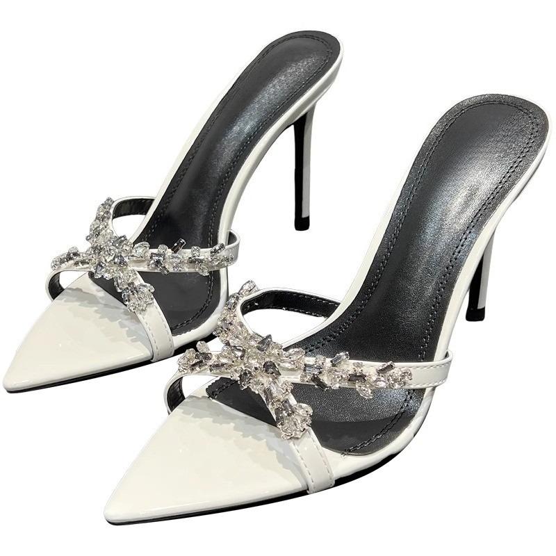 Pointed Toe Open Toe Rhinestone Stiletto Slippers Women Summer New Crossover Strap Flip Flop Versatile High Heel Cool Mopping