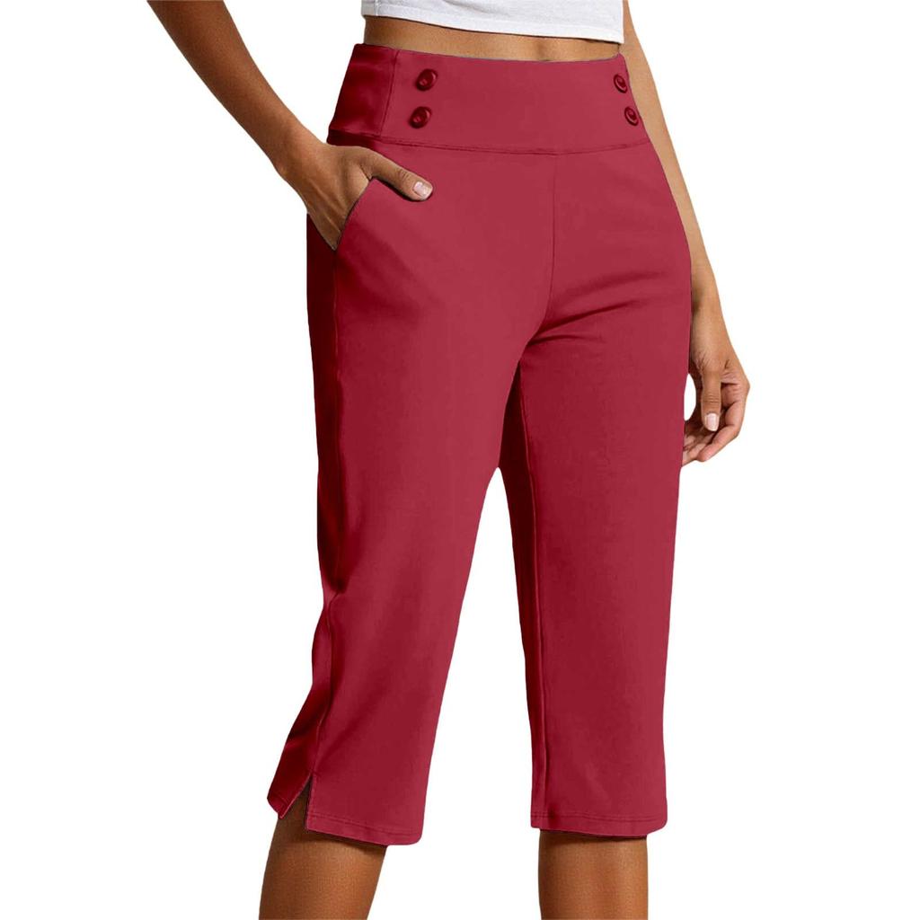 Women High Waist Capri Pants with Pockets Split Hem Casual Sport Fitness Yoga Cropped Pants for Activewear
