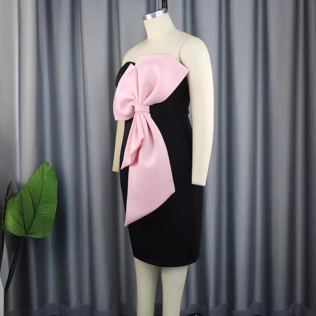 European and American Strapless Color Block Off-the-Shoulder Evening Dress with Bow