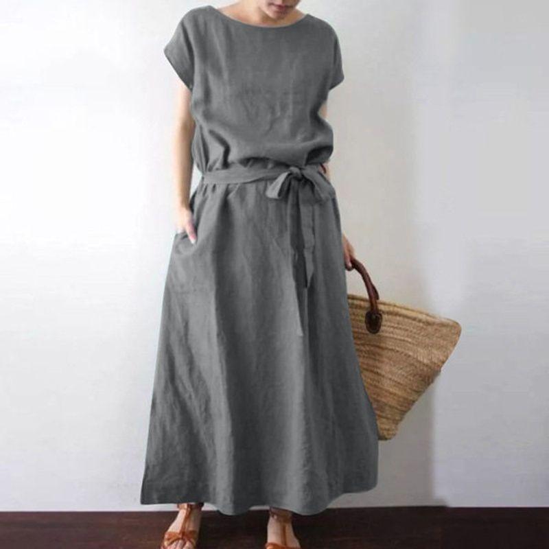 

European and American Cross-Border Women s Fashion Loose-Fitting Short-Sleeve Round-Neck Slit Solid Color Pocket Cotton-Linen Dress with Belt Gray S