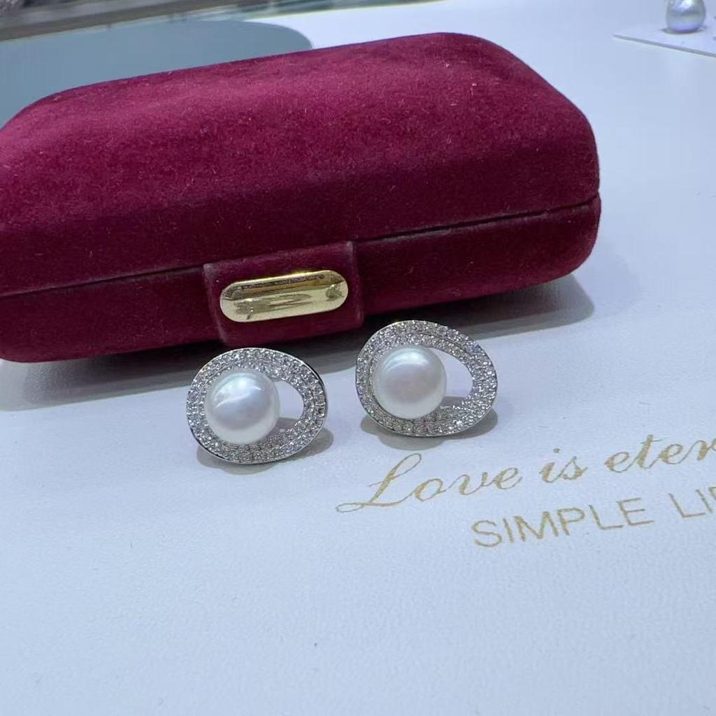 Pearl Earrings with Diamonds & Sterling Silver S925 Needle