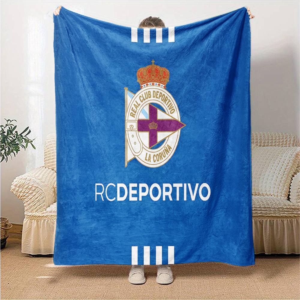 Deportivo A Coruna Crest Flannel Blanket, Soft Polyester, Modern Design, All-Season for Camping, Travel, Gifts for holidays or birthdays