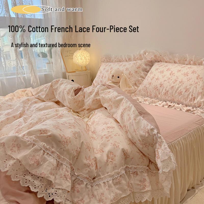 

2025 Korean Style 100% Cotton Lace Bedding Set - Fitted Sheet, Bed Skirt, Three Pieces 1.2m Flat Sheet Set - 3 Pieces