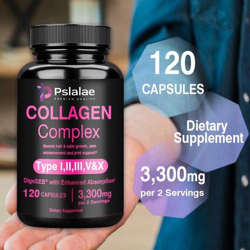 Kapsle s kolagenovým komplexem obsahující hydrolyzované rybí kolagenové peptidy, 3300 mg, doplněk stravy, vhodné pro dospělé.