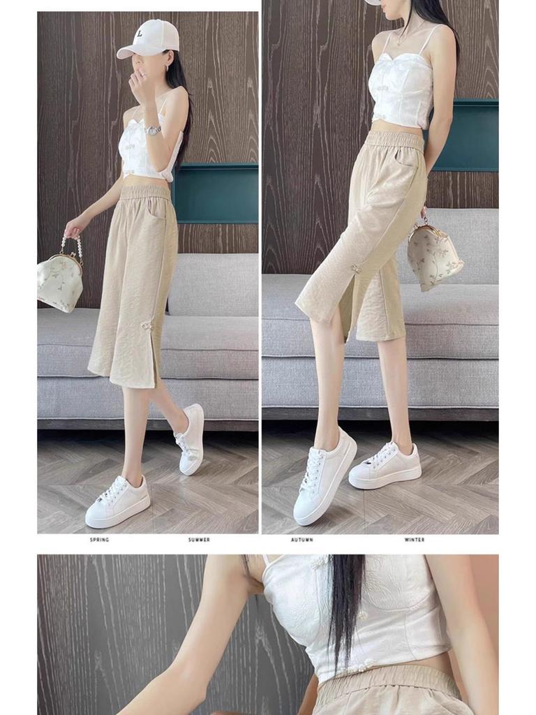 Ice Silk Cotton Linen Women's 7-Point Micro-Flared Pants - Summer 2025 New Chinese Style