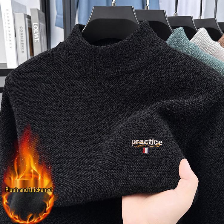 Men's Fleece-Lined Knit Sweater with Half-High Collar and Integrated Fleece Inner Warm Top 