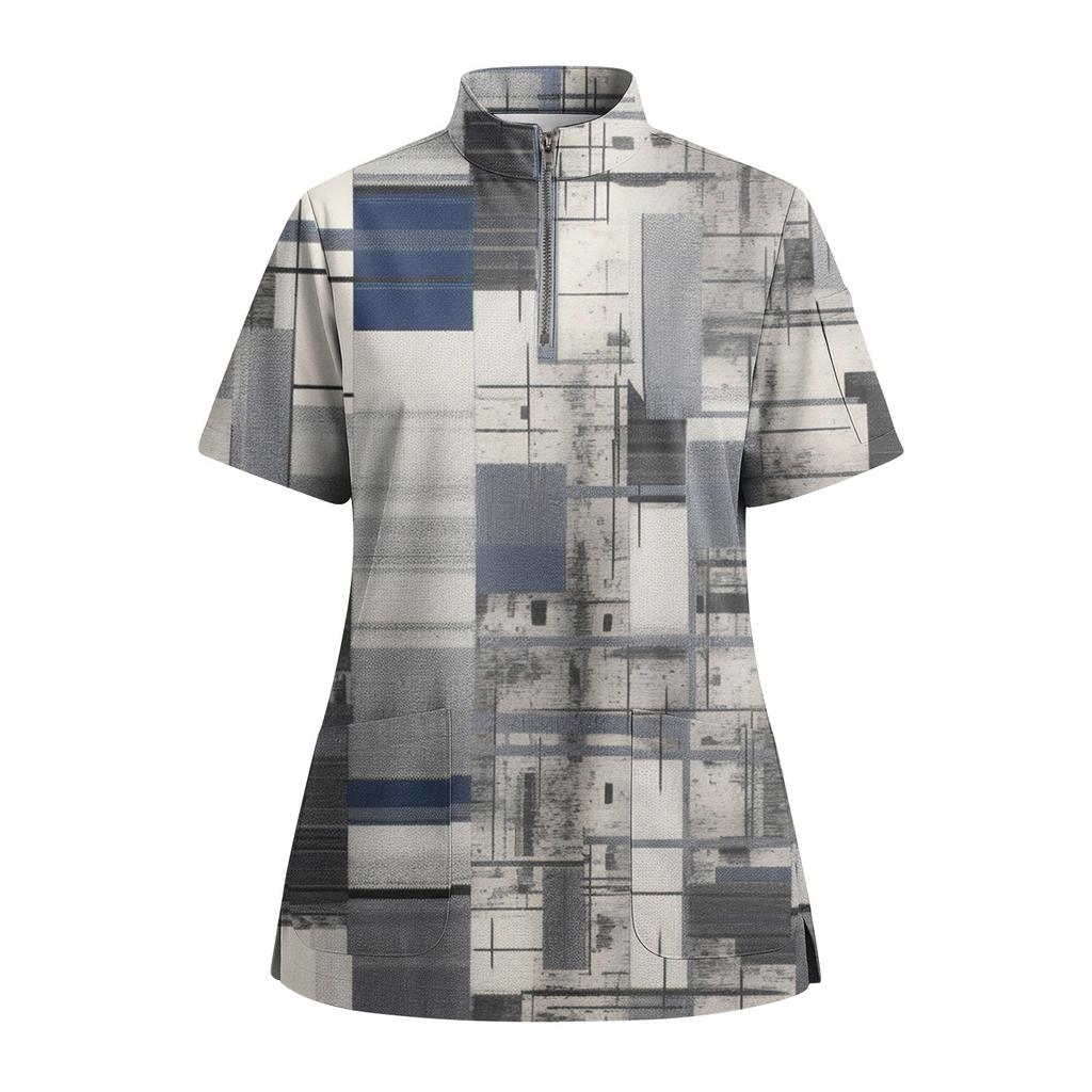 Women's Short Sleeved Printed V-neck Buttonable Side Slit Top T-shirt