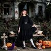 Halloween Witch Costume Girls Dark Gothic Dress With Cape Belt Hat Socks Broom Kids Cosplay Outfit