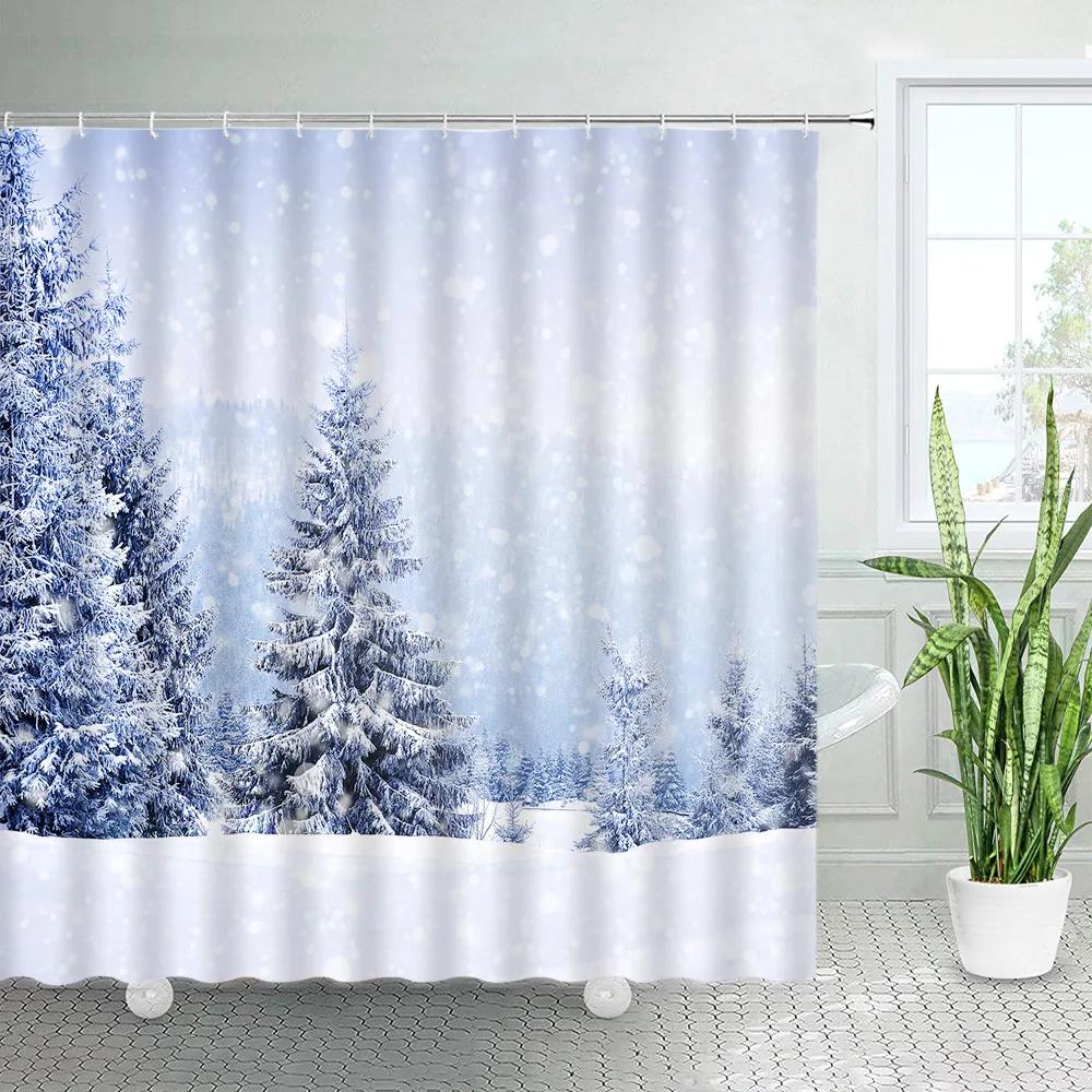 Winter Skiing Shower Curtain Set Modern Ski Station Snow Mountain Pine Tree Forest Bath Curtains Blue Christmas Bathroom Decor