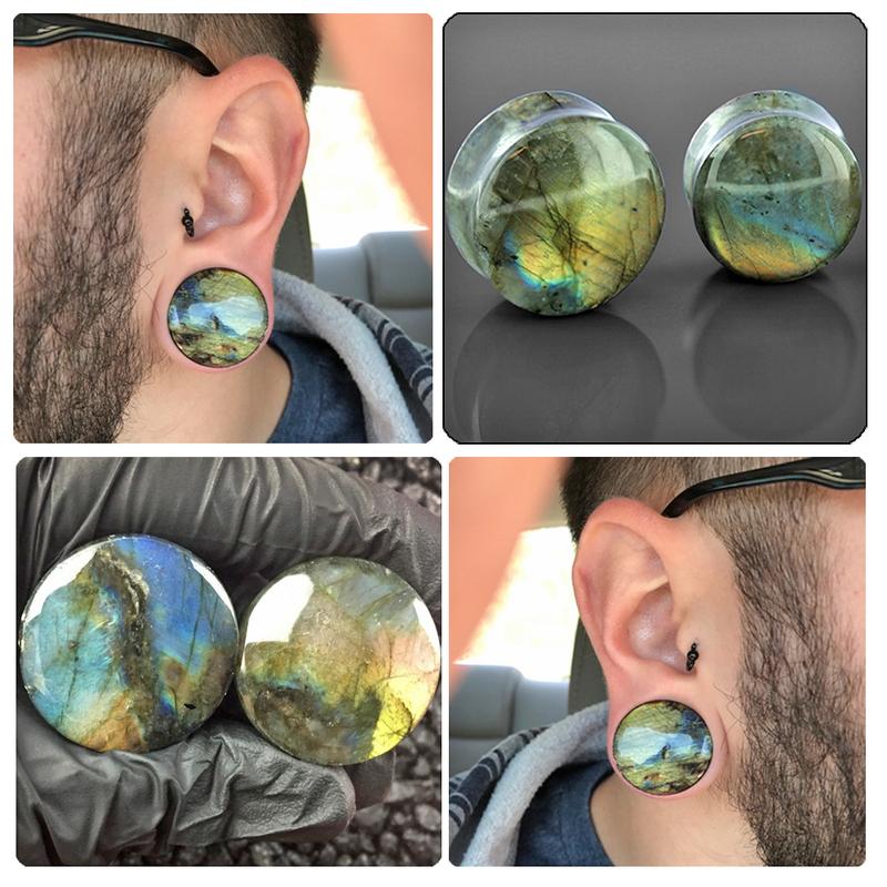 Pair Labradorite Stone Ear Flesh Tunnel