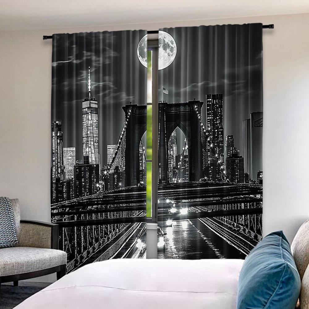 2 stk Svart og Hvit Gardin New York City Nattscene Byliv Brooklyn Manhattan Passer Til Soverom Stue Spisestue