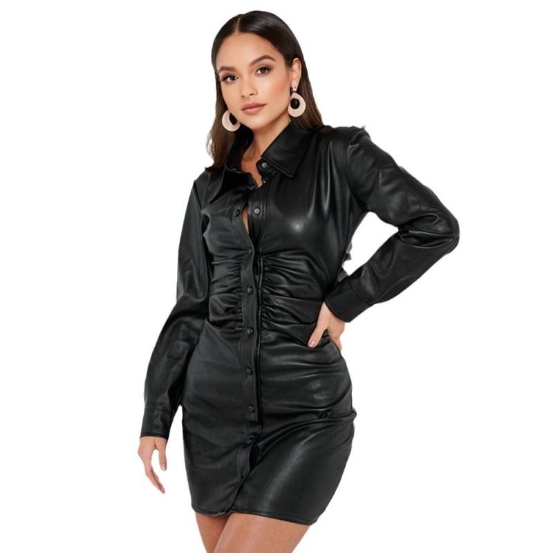 Dámské šaty z matné kůže Elegantní bodycon plisované mini šaty s dlouhým rukávem Párty Stretch PU Slim Y2K šaty do klubů s plným knoflíkem Novinka