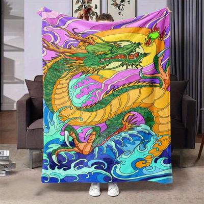 Cartoon Dragon Sakura Flannel Printed Blanket Suitable for All Seasons Suitable for Living Room Office Sofa and Travel 180x250CM