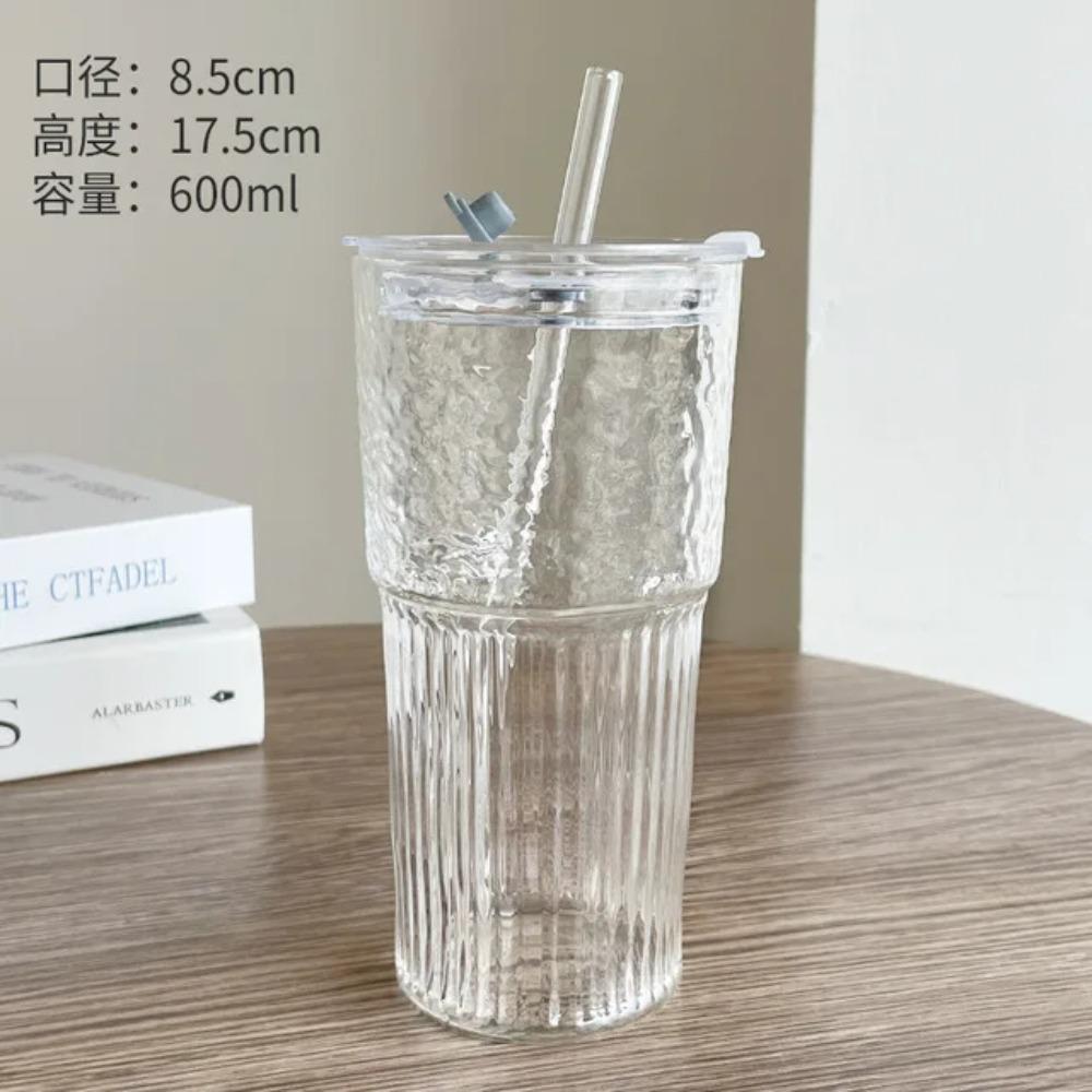 600ML Stripe Glass Cup With Lid and Straw Transparent Ice American Coffee Cup Summer Ice Drinking Cup Bubble Tea Cup Juice Glass