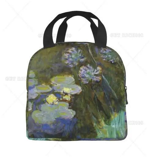 Monet Art Painting Lotus Flowers Lunch Bag Small for Men Women Kids Outdoor Picnic Work School Lunch Box Bag Insulated Gift