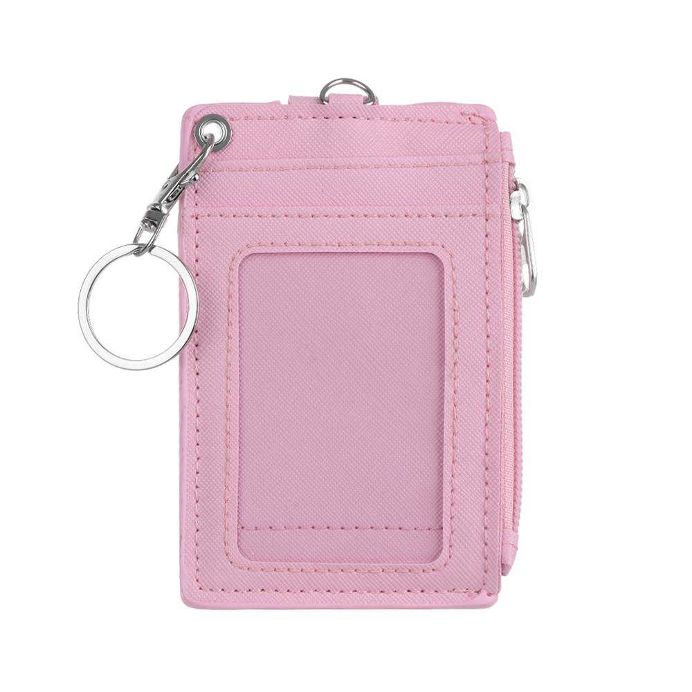 Portable Solid Color Card Holder Leather Business ID Card Credit Badge Holder Coin Purse Wallet with Keychain