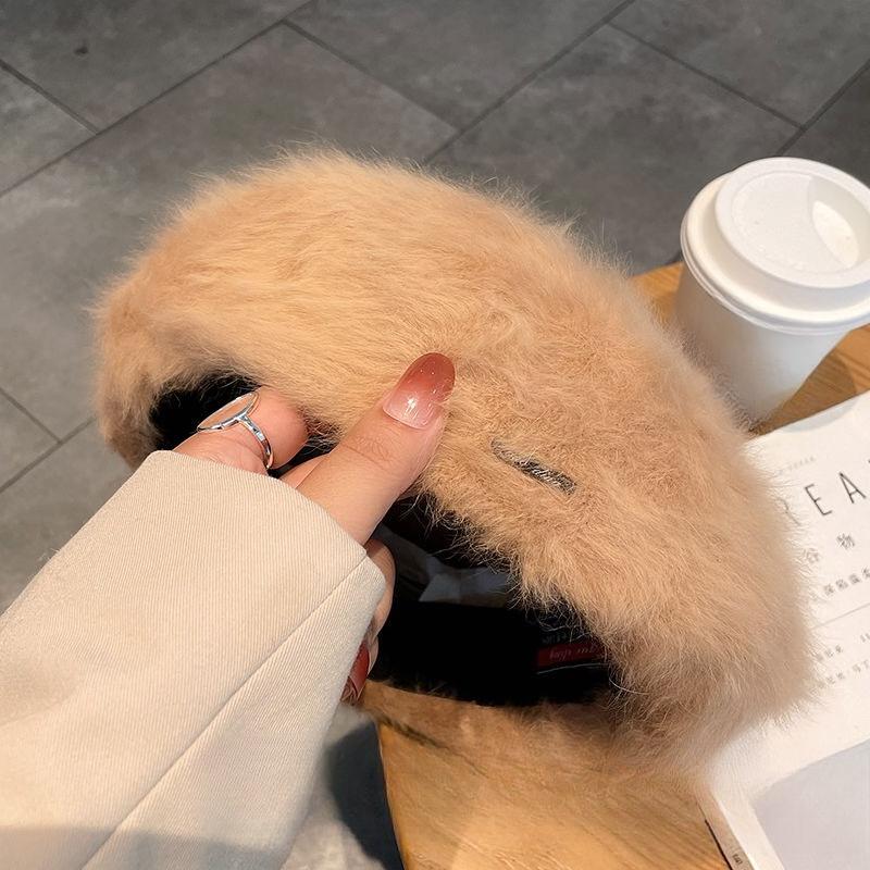 Ladies White Rabbit Fur Hat Winter Beret Autumn and Winter Versatile Trendy Retro Bud Hat
