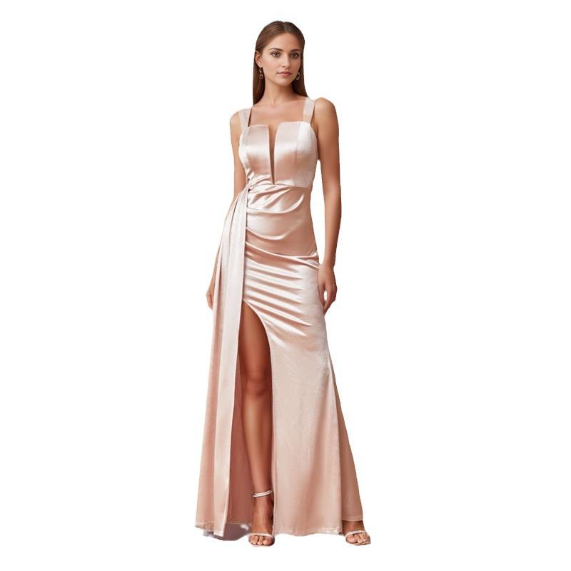 Champagne V-Neck High-Waist Slit Evening Gown