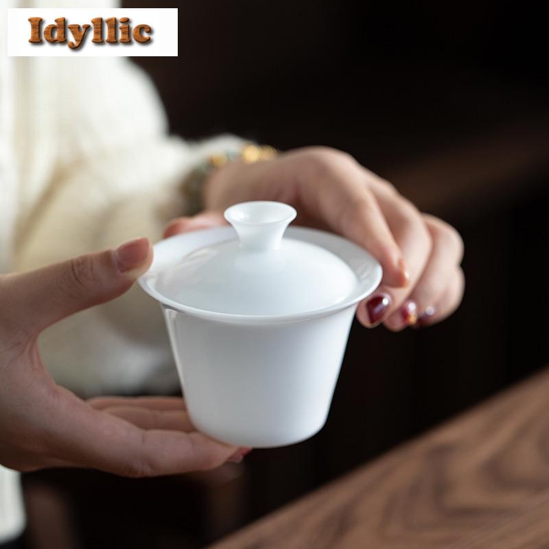 125ml Mutton Fat Jade Ice Seed Horseshoe Gaiwan Ancient Tea Tureen Tea Bowl With Lid Kit Tea Maker Cover Bowl Tea Items Gift