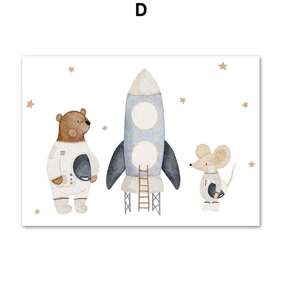 Boho Cartoon Space Astronauts Planet Posters Prints Bear Hedgehog Canvas Painting Wall Art Pictures Baby Kids Room Home