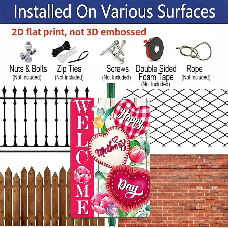 2D Flat, 1pc Vintage Metal Wall Art Sign "Welcome Happy Mother's Day" - 8*12 Inch Aluminium Rustic Home Porch Decor, Entryway Wall Art, Sweet Gift