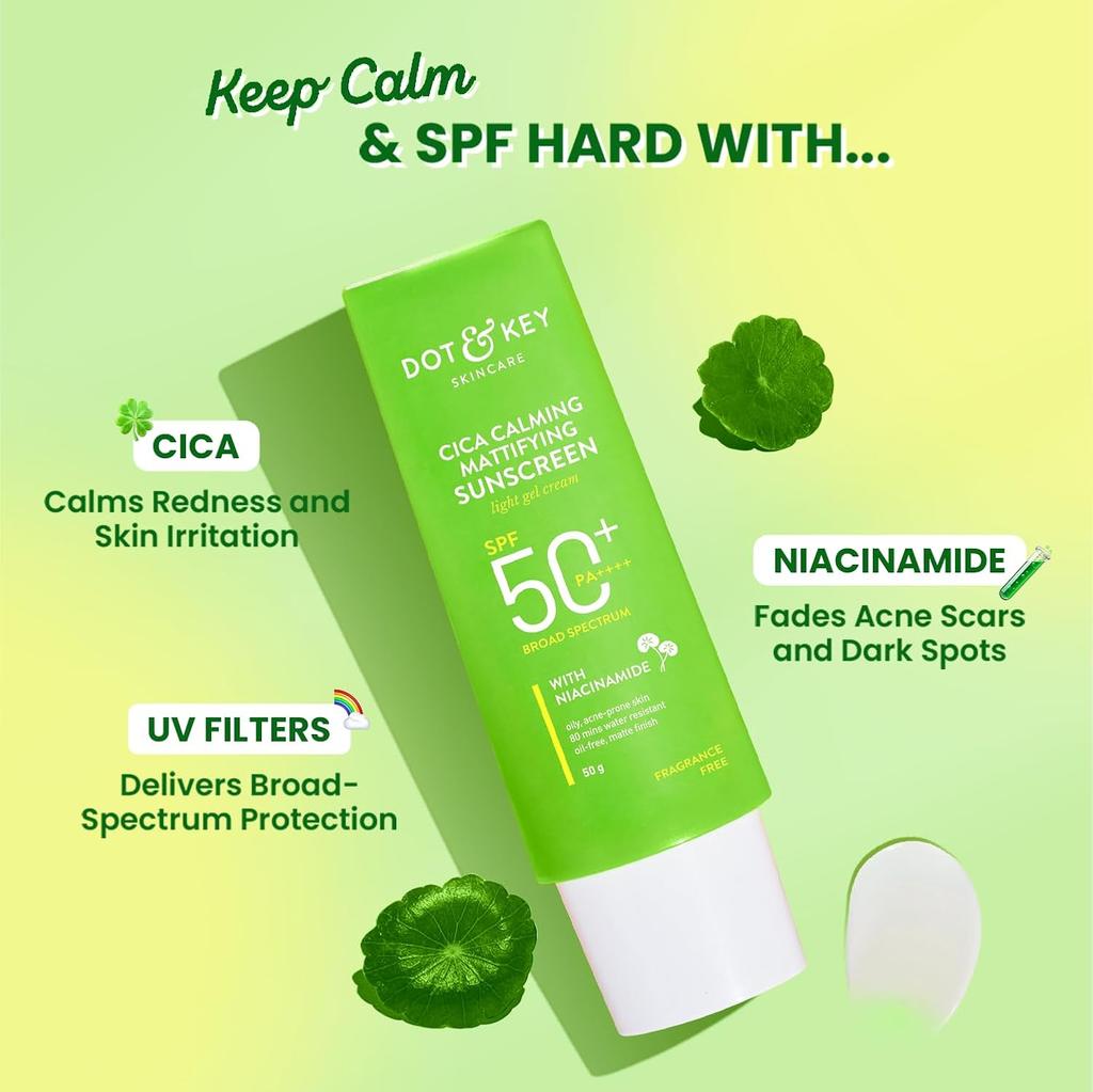 Dot & Key CICA Calming Mattifying Sunscreen SPF 50 PA++++ For Oily Acne Prone Sensitive Skin 80g X Pack of 2