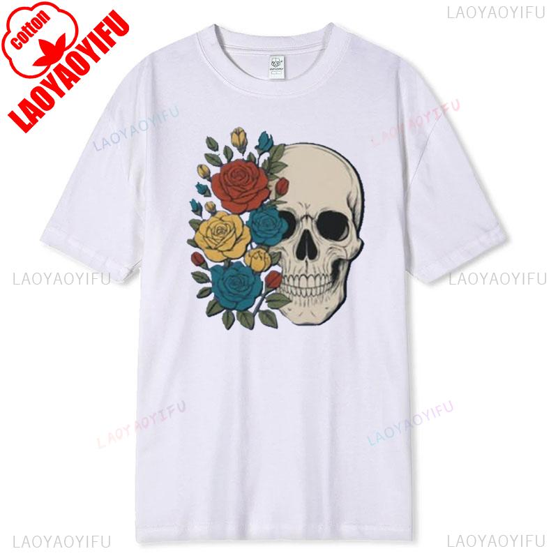 Skull Rose Vintage TShirt Floral Skeleton Cotton Short Sleeve Summer Casual Tee Gothic Boho Style Women Graphic Top Gift