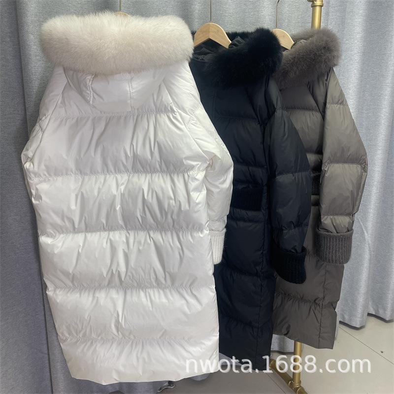 Long white duck down jacket women's new knee thickened hooded big fur collar loose large size tide